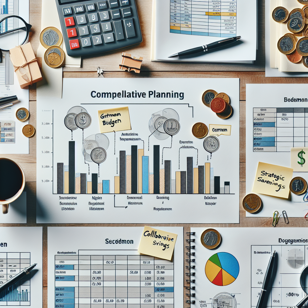 Close-up scene of budget worksheets, expense heatmaps, and forecasting tools used by German households to align monthly cashflow with long-term savings objectives.