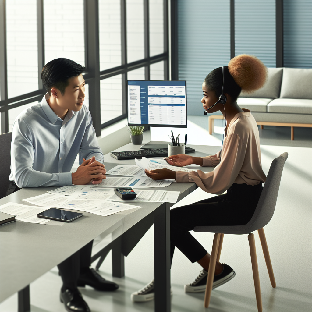 Support specialist speaking with a client while reviewing savings documentation and scheduling follow-up actions in a professional office environment.