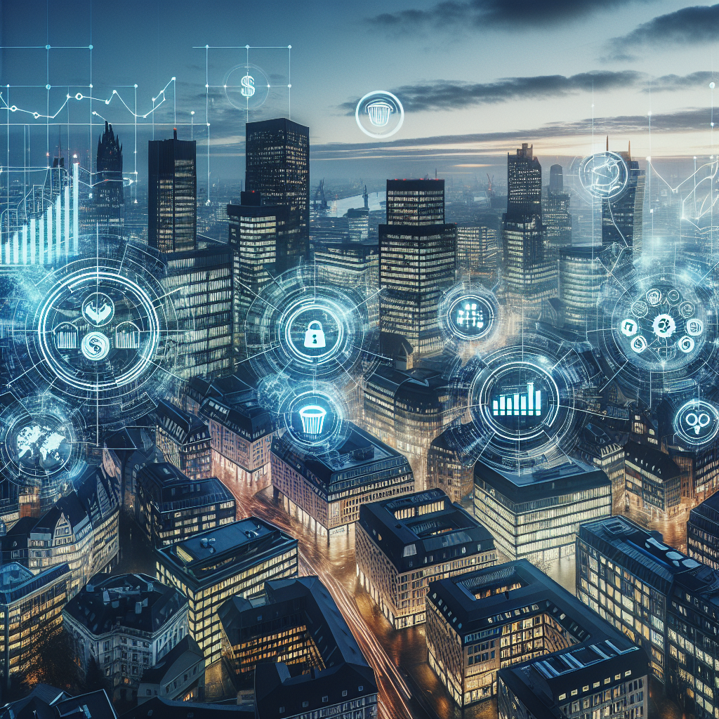 Panoramic view of Hamburg financial district with overlayed savings strategy diagrams representing the local expertise of SaveStratEdge consultants.
