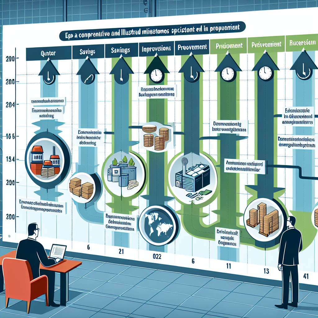 Illustrated timeline board highlighting quarterly savings milestones, energy usage reductions, procurement improvements, and reinvestment actions tracked by a German finance advisor.